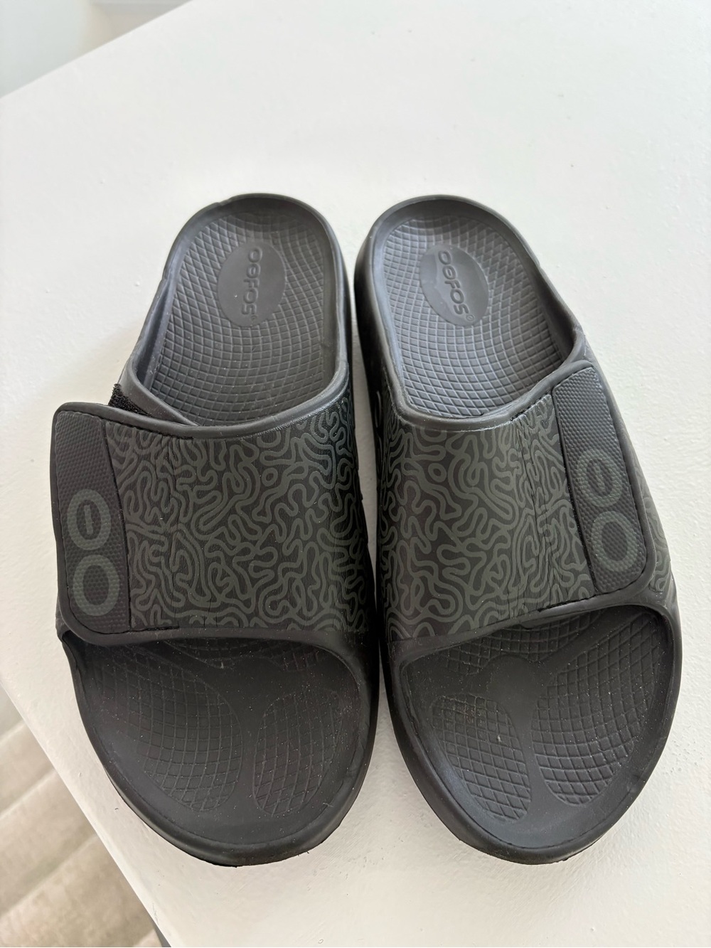 OOFOS Black Adjustable Strap Slide Sandals